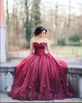 Burgundy Sleeveless Tulle Lace Up Ball Gown Prom Dress for Party and Military Ball and Sweet 16 and Quinceanera