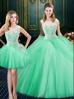 Custom Fit Floor Length Ball Gowns Sleeveless Apple Green Quince Ball Gowns Lace Up