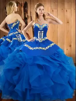 Spectacular Satin and Organza Sweetheart Sleeveless Lace Up Embroidery and Ruffles Quinceanera Gowns in Blue