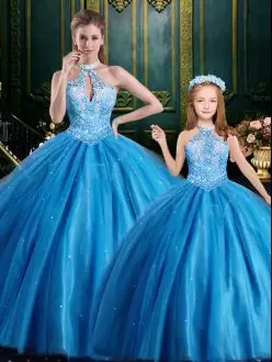 Floor Length Baby Blue Quince Ball Gowns High-neck Sleeveless Lace Up