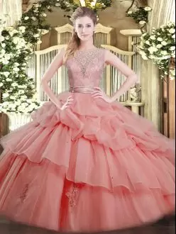 Dazzling Floor Length Watermelon Red Vestidos de Quinceanera Tulle Sleeveless Beading and Ruffled Layers