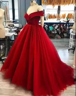 Most Popular Red 15th Birthday Dress Tulle Brush Train Sleeveless Ruching