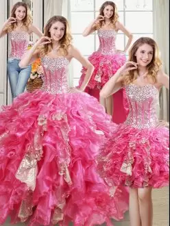 Luxurious Organza Sweetheart Sleeveless Lace Up Beading and Ruffles and Sequins Sweet 16 Dress in Hot Pink