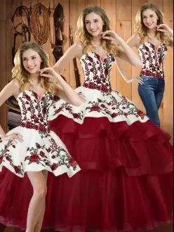Wine Red Sleeveless Organza Sweep Train Lace Up Ball Gown Prom Dress for Military Ball and Sweet 16 and Quinceanera