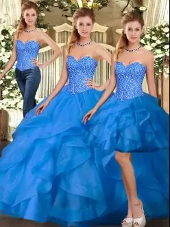 Dramatic Blue Sweetheart Lace Up Beading and Ruffles Quinceanera Dresses Sleeveless