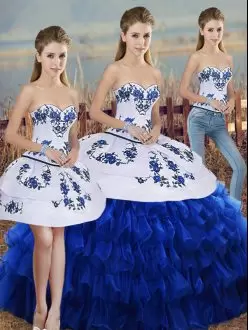 Sleeveless Floor Length Embroidery and Ruffled Layers and Bowknot Lace Up Quinceanera Gown with Royal Blue