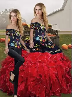 Two Pieces Sweet 16 Dress Red And Black Off The Shoulder Organza Sleeveless Floor Length Lace Up