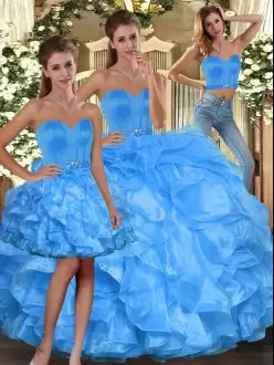 Baby Blue Ball Gowns Sweetheart Sleeveless Organza Floor Length Lace Up Ruffles Sweet 16 Dresses