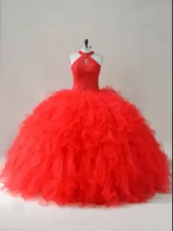 Halter Top Sleeveless Lace Up Quinceanera Gown Red Tulle Beading and Ruffles