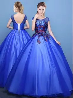 Royal Blue Tulle Lace Up Scoop Cap Sleeves Floor Length Quinceanera Dresses Appliques