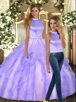 Sleeveless Tulle Floor Length Backless Sweet 16 Dresses in Lavender with Ruffles