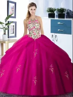 Dazzling Tulle Halter Top Sleeveless Lace Up Embroidery and Pick Ups Vestidos de Quinceanera in Fuchsia