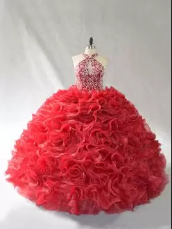 Red Ball Gowns Organza Halter Top Sleeveless Beading and Ruffles Lace Up Quinceanera Dress Brush Train