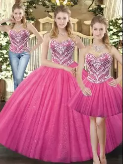 Sweetheart Sleeveless Quinceanera Dress Floor Length Beading Hot Pink Tulle