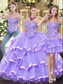 Lavender Sweetheart Zipper Appliques and Ruffled Layers Ball Gown Prom Dress Sleeveless