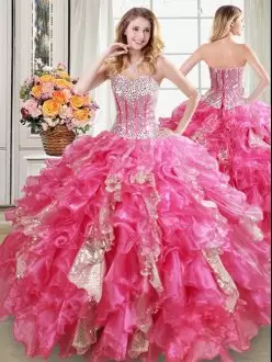 Floor Length Hot Pink Quince Ball Gowns Organza Sleeveless Beading and Ruffles and Sequins