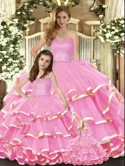 Discount Ball Gowns Quinceanera Gown Rose Pink Sweetheart Organza Sleeveless Floor Length Lace Up