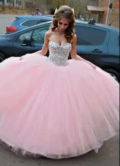 Elegant Baby Pink Sweetheart Quinceanera Gown Floor Length Beaded Bodice Tulle Bottom