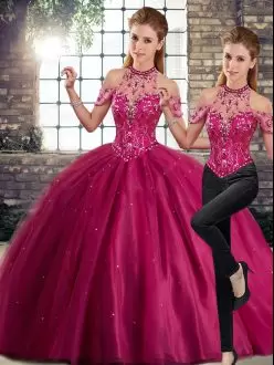 Dazzling Beading Quinceanera Dress Fuchsia Lace Up Sleeveless Brush Train