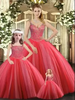 Dazzling Coral Red Ball Gowns Straps Sleeveless Tulle Floor Length Lace Up Beading Sweet 16 Quinceanera Dress