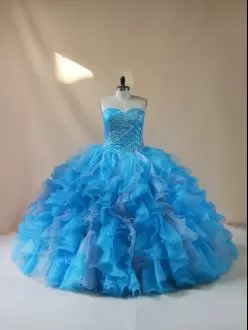 Custom Designed Sweetheart Sleeveless Sweet 16 Dress Floor Length Beading and Ruffles Baby Blue Organza