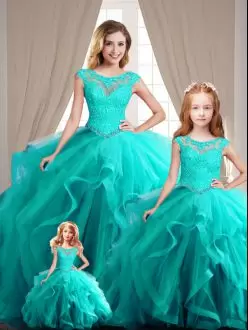 Cap Sleeves Lace Up Quinceanera Gowns in Aqua Blue with Beading