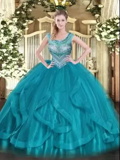 Fancy Teal Tulle Lace Up Scoop Sleeveless Floor Length Quinceanera Dresses Beading and Ruffles