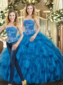 Floor Length Lace Up Quinceanera Dresses Blue for Sweet 16 and Quinceanera with Beading and Ruffles