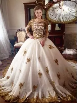 Long Sleeves Illusion Scoop Long Train Quince Dress Ball Gown with Gold Appliques Zipper Back