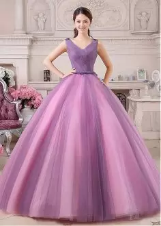 Custom Designed V-neck Sleeveless Quinceanera Dress Floor Length Appliques Purple Tulle