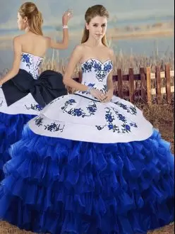 Royal Blue Sweetheart Lace Up Embroidery and Ruffled Layers and Bowknot Quinceanera Gowns Sleeveless