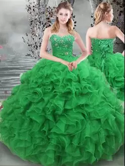 Green Ball Gowns Organza Sweetheart Sleeveless Beading and Ruffles Floor Length Lace Up Vestidos de Quinceanera
