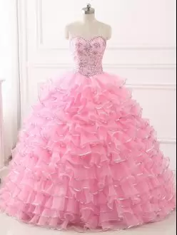 Baby Pink Organza Lace Up Quinceanera Dress Sleeveless Sweep Train Beading and Ruffled Layers