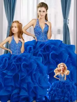 Amazing Royal Blue Ball Gowns Tulle V-neck Sleeveless Beading and Ruffles Floor Length Lace Up Quince Ball Gowns