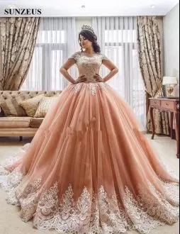 Fashion Tulle Offer the Shoulder Chapel Train Sweet 16 Dresses in Peach with Ivory Appliques