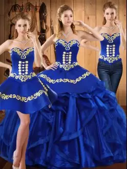 Fantastic Royal Blue Lace Up Sweetheart Embroidery and Ruffles 15th Birthday Dress Organza Sleeveless