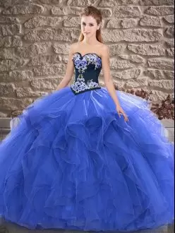 Popular Sweetheart Sleeveless Sweet 16 Quinceanera Dress Floor Length Beading and Embroidery Blue Tulle