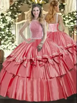 Superior Coral Red Sleeveless Organza and Taffeta Lace Up Sweet 16 Dress for Military Ball and Sweet 16 and Quinceanera