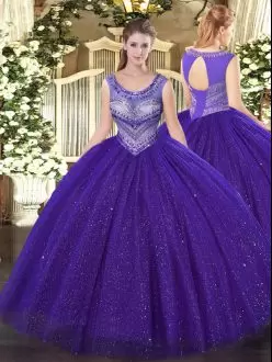 Scoop Sleeveless 15 Quinceanera Dress Floor Length Beading Purple Tulle and Sequined