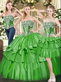 Comfortable Floor Length Green 15 Quinceanera Dress Tulle Sleeveless Beading and Ruffled Layers