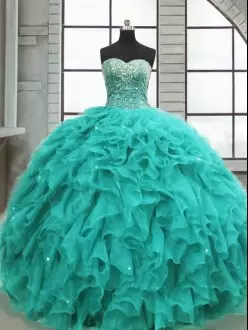 Enchanting Sweetheart Sleeveless Quinceanera Gowns Floor Length Beading and Ruffles Turquoise Organza