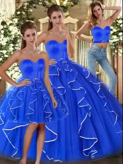 Blue Tulle Lace Up Sweetheart Sleeveless Floor Length Ball Gown Prom Dress Ruffles