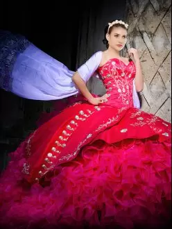 Charro Sleeveless Organza Quinceanera Dress Embroidery and Ruffles Brush Train for Cowgirl