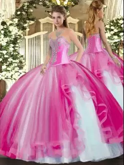 Luxurious Sleeveless Tulle Floor Length Lace Up Sweet 16 Dresses in Fuchsia with Beading and Ruffles