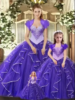 Purple Sleeveless Floor Length Beading and Ruffles Lace Up Quince Ball Gowns Scoop
