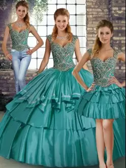 Glamorous Taffeta Straps Sleeveless Lace Up Beading and Ruffled Layers Sweet 16 Dresses in Teal
