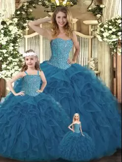 Teal Ball Gowns Organza Sweetheart Sleeveless Beading and Ruffles Floor Length Lace Up Quinceanera Gowns