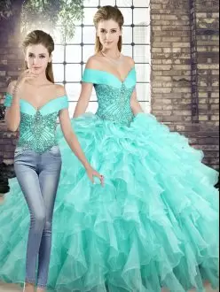 Off The Shoulder Sleeveless 15th Birthday Dress Brush Train Beading and Ruffles Aqua Blue Organza