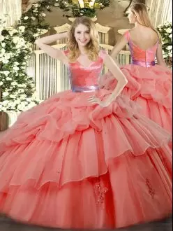 Fitting V-neck Sleeveless Zipper Quinceanera Gown Watermelon Red Organza Ruffled Layers