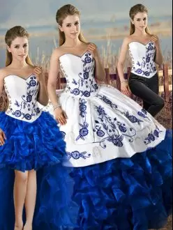 Blue And White Organza Lace Up Quince Ball Gowns Sleeveless Embroidery and Ruffles